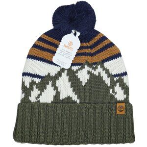 Timberland Mountain Striped Pom Pom Winter Beanie Men's Hat OSFM NWT Green Multi